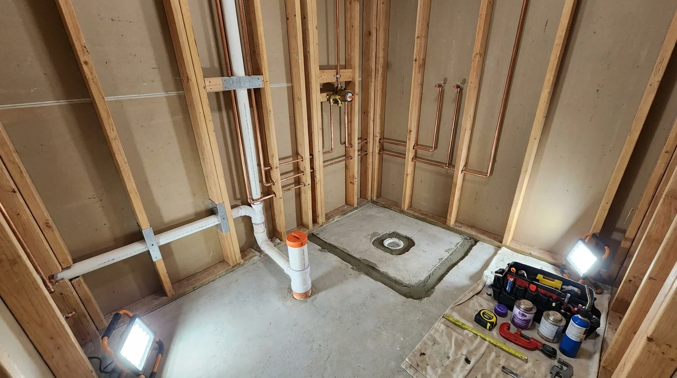 Bathroom rough-in plumbing during remodel by Johns Plumbing LLC in Mill Valley