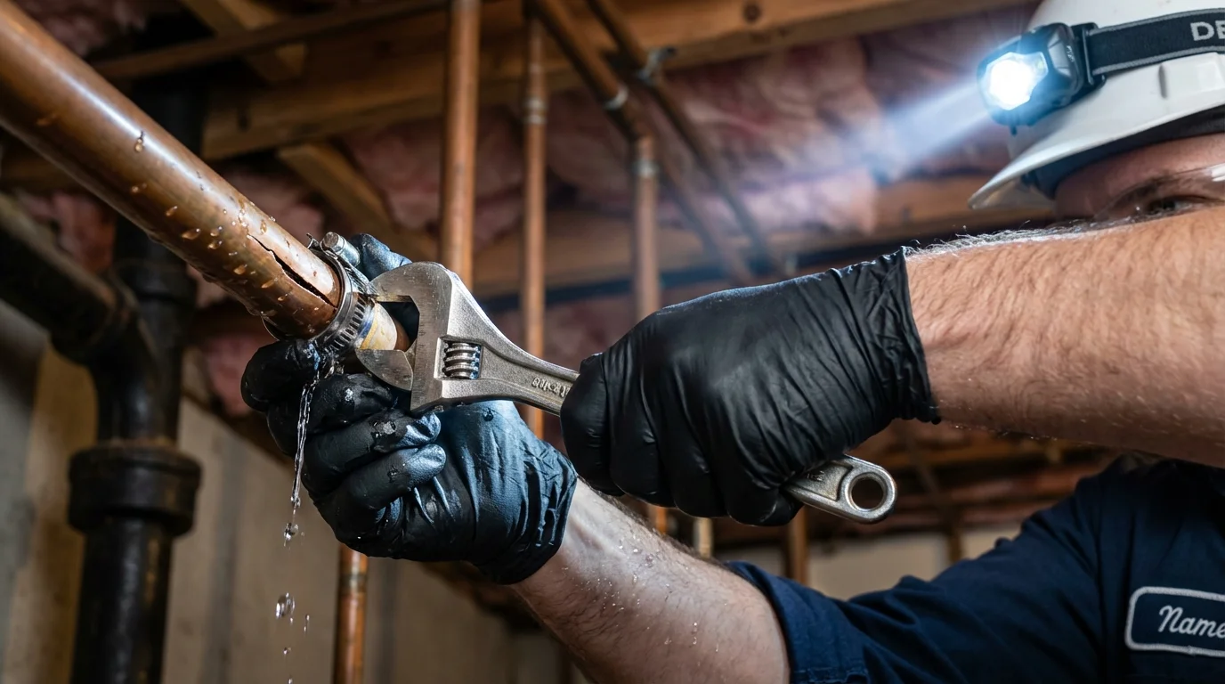 Emergency pipe clamp repair being performed by a Johns Plumbing LLC plumber in Mill Valley