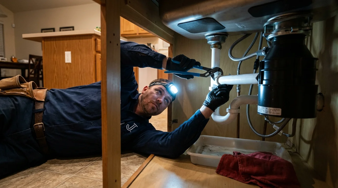 P-trap and supply line connections under a kitchen sink showing a common leak point in Mill Valley, CA